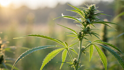 Obraz premium Close up of a cannabis plant with green leaves and buds growing outdoors in a field at sunset created with generated ai