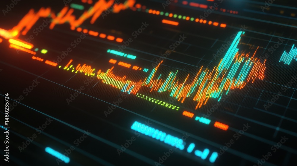 Poster digital data visualization with colorful analytics on screen