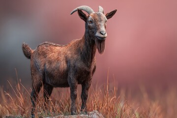 Fototapeta premium A goat standing proudly amidst a field of dry grasses.