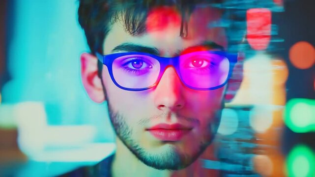 Visionary Young Man Glasses Data Stream Futuristic Tech Concept