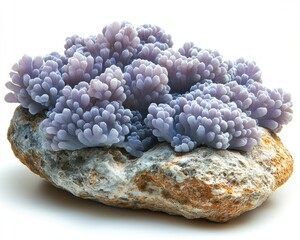 A cluster of lavender-hued coral-like formations resting on a textured rock, showcasing intricate details
