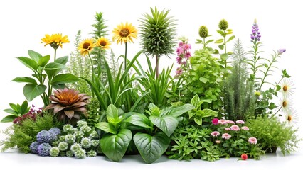 Foreground of green plants and flowers isolated on white background