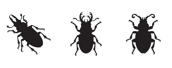 Set of three black borer beetle silhouettes, each with unique postures and detailed antennae, isolated on a white background, ideal for pest control or entomology visuals
