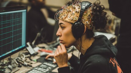 Focused woman using a computer in a research lab.