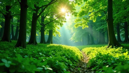 Fototapeta premium Lush green forest background, sun dappled, perfect for nature themes , environment, botanical
