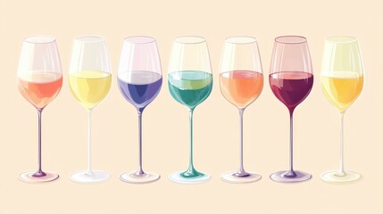 Colorful Assortment of Wine Glasses Featuring Various Drinks Against a Soft Background