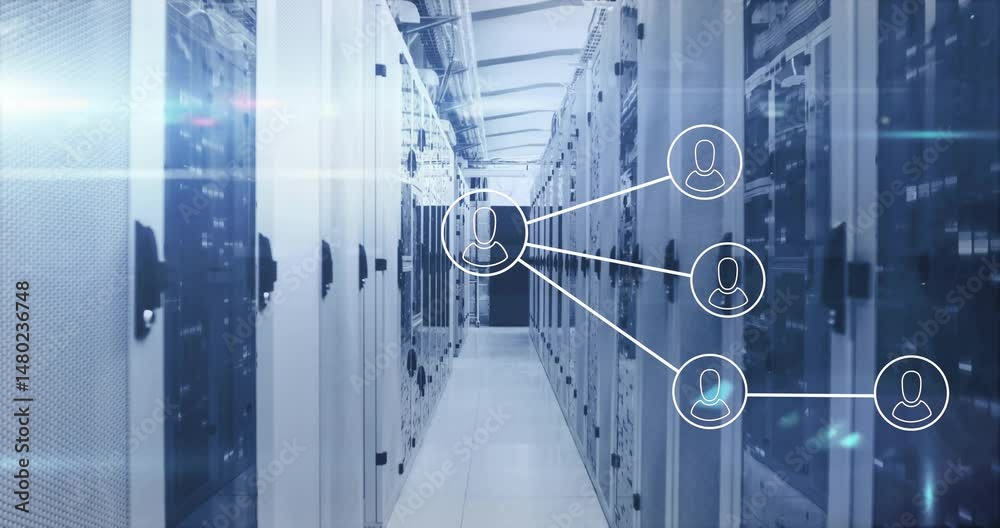 Poster 3d render showing server rack corridor extending with translucent network icons hovering on right