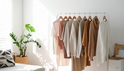 Modern capsules wardrobe concept. Cozy room with hanging clothes and a plant by the window.