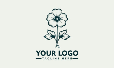Delicate Line Art Illustration of a Five-Petal Flower with Simple Stem and Leaf. Floral Design Concept