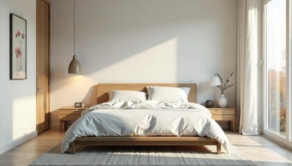 Modern minimalist bedroom, clean lines, unmade bed, unmade, morning, neutral