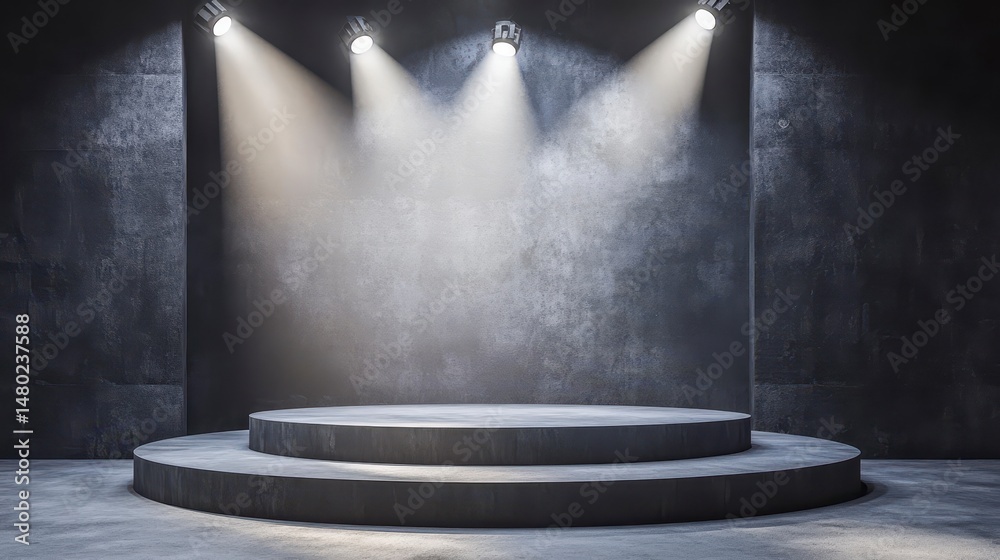 Poster Dark stage with spotlights illuminating a circular podium.