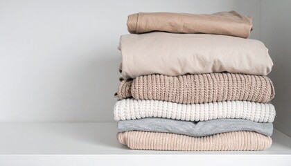Fototapeta premium Modern capsules wardrobe concept. Neatly folded clothes in neutral tones on a white shelf.