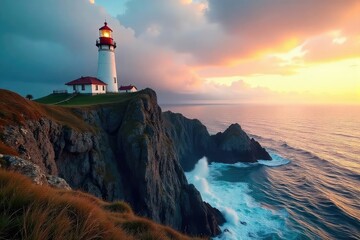 Rugged clifftop lighthouse, dramatic ocean vista, ocean, landscape, sea stack