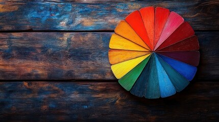 Colorful wooden color wheel on rustic wood