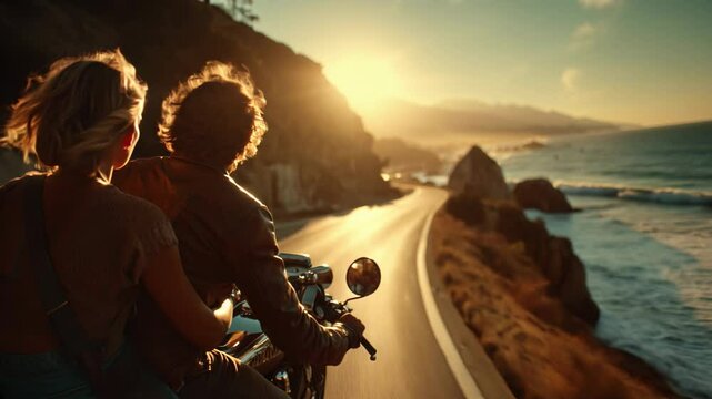 Young couple riding a motorcycle along a winding coastal road at sunset, carefree summer journey through scenic seascape &ndash; Generative AI