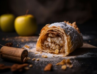 Fototapeta premium Freshly baked apple strudel with powdered sugar, cinnamon sticks, and apples styled on a rustic wooden board. Perfect for food photography, dessert, or traditional pastry visuals.