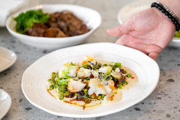 Gourmet dish with seared scallops, peas, microgreens, and creamy sauce, elegantly plated on a white plate. A hand presents the dish, evoking a fine dining experience.