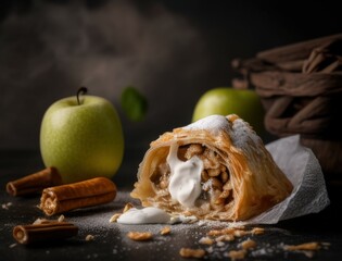 Freshly baked apple strudel with powdered sugar, cinnamon sticks, and apples styled on a rustic wooden board. Perfect for food photography, dessert, or traditional pastry visuals.