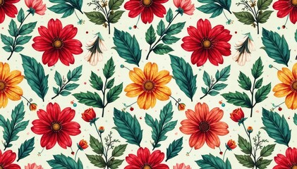 Seamless floral pattern illustration, vibrant colors, perfect for textile design, wallpaper, and surface patterns ,  botanical,  image