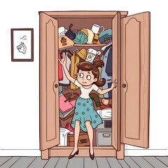 Wardrobe is bursting from stuff, woman trying to hold the doors closed, EPS 8 vector illustration