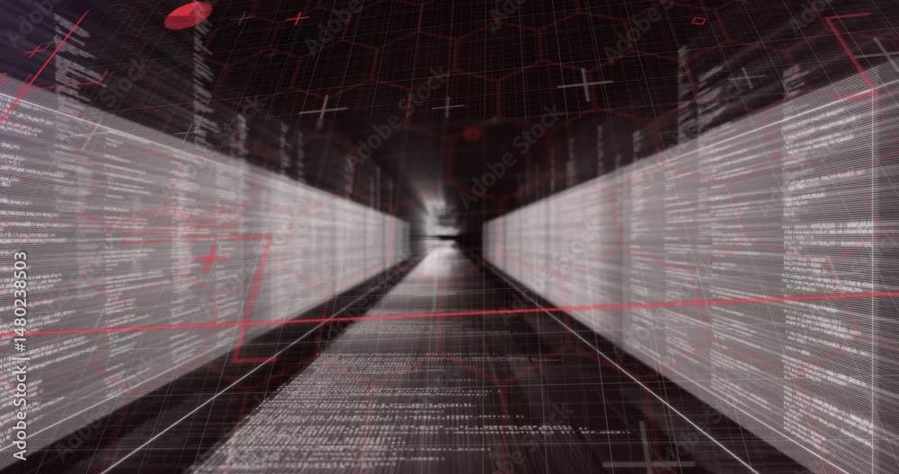 Poster futuristic data corridor rendering in 3d, with scrolling code panels, red grid and hexagon outlines