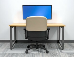 Modern office workspace beige chair, wooden desk, blue screen computer. Ideal for presentations or showcasing technology.