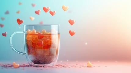 Colorful Glass Cup with Heart-Shaped Candies Floating Above a Sweet Beverage Against a Soft Gradient Background