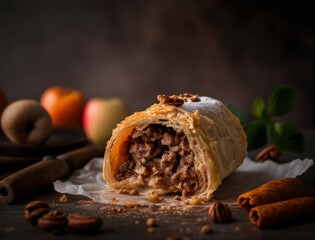 Freshly baked apple strudel with powdered sugar, cinnamon sticks, and apples styled on a rustic wooden board. Perfect for food photography, dessert, or traditional pastry visuals.