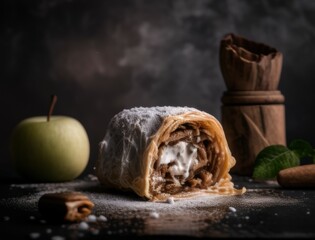 Freshly baked apple strudel with powdered sugar, cinnamon sticks, and apples styled on a rustic wooden board. Perfect for food photography, dessert, or traditional pastry visuals.