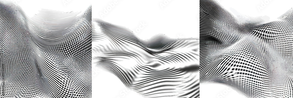 Poster set of three abstract distorted black and white wavy grid backgrounds with warped checkerboard and s