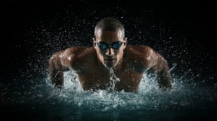 Focused swimmer in powerful butterfly stroke.