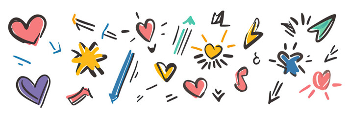 Colorful hand drawn doodle hearts and arrows cartoon comic style line movement elements and decorations for love and expression vector illustration