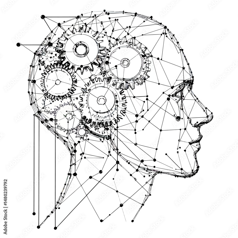 Poster abstract human head side view composed of connected dots and lines with mechanical gears inside repr