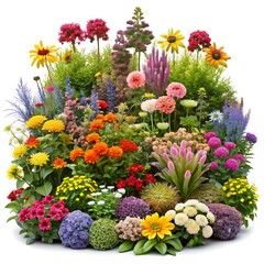 Large flowerbed with many different plants and flowers isolated on white background