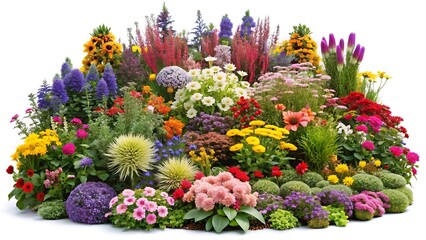 Fototapeta premium Large flowerbed with many different plants and flowers isolated on white background