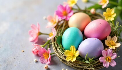 Fototapeta premium Vibrant Easter eggs nestled in a spring flower arrangement Pastel colors, springtime freshness , centerpiece, Easter decorations, spring flowers