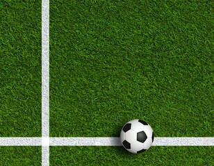 Soccer ball on a green field with white lines.  Perfect for sports-themed designs, websites, or presentations.