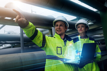 Engineers analyzing gas pipeline system with digital tools