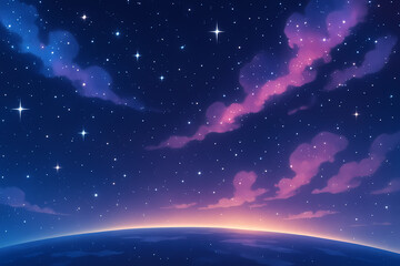 A vast night sky filled with countless stars above a planet's glowing horizon. Wispy clouds tinged with pink and blue drift across the deep blue expanse, creating a breathtaking celestial backdrop.