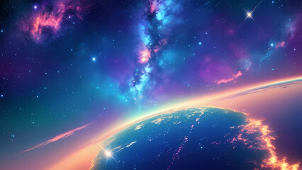 Space illustration features a planet's illuminated horizon against a backdrop of colorful nebulas in blue, purple, and pink. Countless stars dot the dark cosmic expanse, creating a breathtaking.