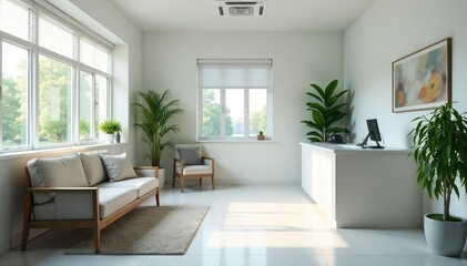 A clean and modern GP doctor's office waiting area with comfortable seating and calming decor ,  wellness,  interior