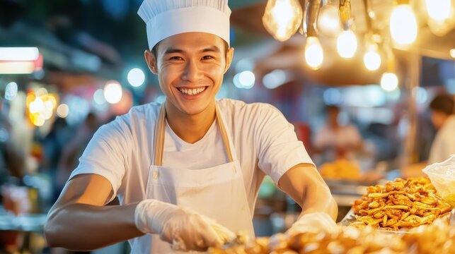 Happy Chef Preparing Delicious Street Food at Night Market Stall