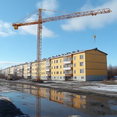 Construction crane towering over apartment buildings
