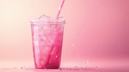 Refreshing Pink Beverage with Ice and Straw Against a Soft Pink Background