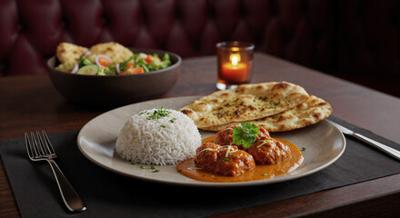 A vibrant South Asian thali meal served on a traditional metal platter, featuring rice, dal, vegetable curries, naan bread, pickles