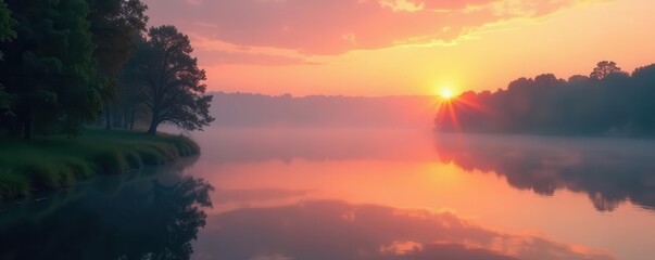 Obraz premium Misty sunrise over calm Dupage River, fog clinging to banks, serene, clouds
