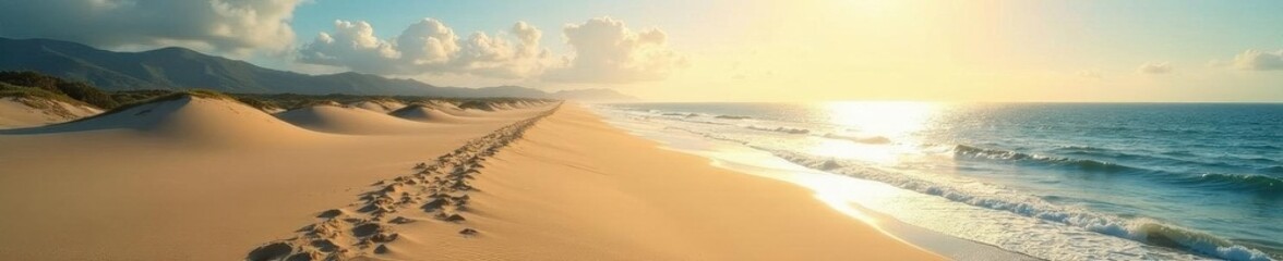 Obraz premium Narrow sandy track winds towards shimmering North Sea under bright sun , golden, walkway