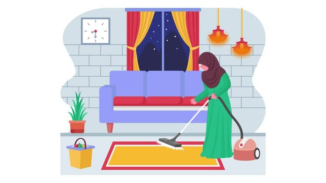 Arab Girl cleaning the Rug using Electric Broom before Eve concept, Cleanliness is Half of Faith vector design, Eid al-Adha scene, Eid-al-Kabir Hajj banner, Traditional Arabic Muslim Festival 