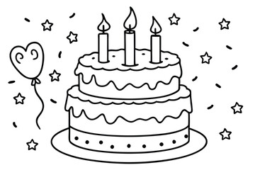 Two tier cake with three candles and heart balloon outlines a festive scene