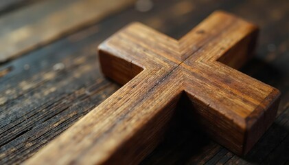 Close-up of a simple wooden cross, showing wood grain detail , detail, shadow, crucifix